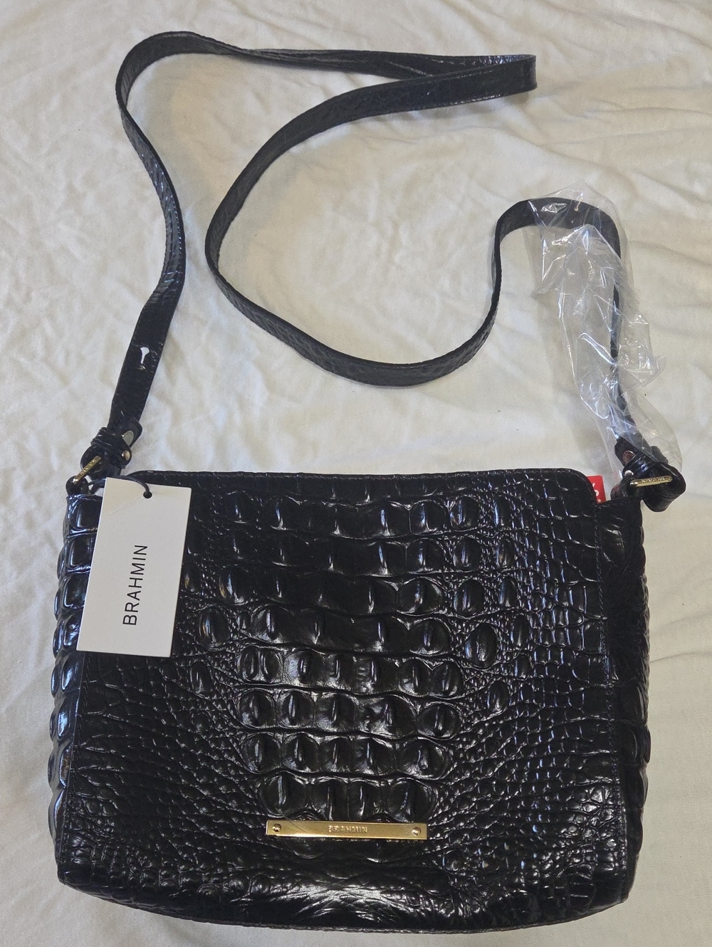 Brahmin Black Croc-Embossed Crossbody with Gold Accent